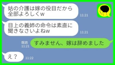 【LINE】義母が要介護になると同居の義姉「姑の介護は嫁の役目wよろしくねw」私「すみません、嫁は辞めました」→その後www【ミドリのネタ帳】