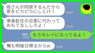 【LINE】勝手に義母との同居を決めた単身赴任中の夫「明日母さんが引っ越してくるからな！」→私は家をピカピカにして…www【ミドリのネタ帳】