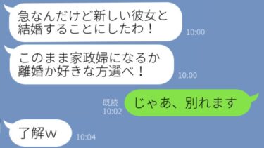 【LINE】7年間毎日旦那に尽くしてきた私に浮気夫が「新しい彼女と結婚するから、家政婦になるか離婚か好きな方を選べ」私「じゃあ別れます」その結果ｗ【スッキリLINEなう】