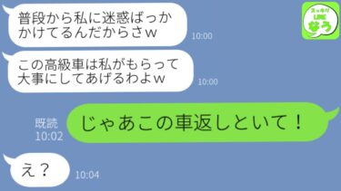 【LINE】私が乗ってる高級車なのに嫁いびりする義母に奪われた「普段迷惑かけられてるから罰として没収ねｗ」→調子に乗るアフォ女にある事実を教えてあげた結果ｗｗｗ【スッキリLINEなう】