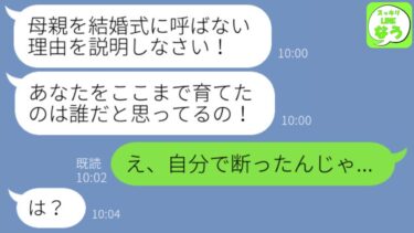 【LINE】結婚式の途中で母からブチギレ連絡「何で私呼ばれてないの？」私「え、誘ったけど断ったんじゃ…」母「は？」→その後自業自得の勘違いが判明し…w【スッキリLINEなう】