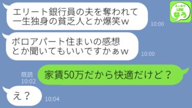 【LINE】1年前にエリート銀行員の夫を略奪した妹から「一生独身で貧乏とか惨めw」と嫌味連絡→セレブ気取りの勘違い女に真実を語ってやった時の反応がw【スッキリLINEなう】