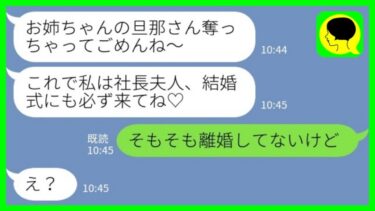 【LINE】私の夫を奪ったと勘違いしている妹から結婚式の招待状「元嫁のお姉ちゃんに祝って欲しいの♡」私「そもそも離婚してないけど」→実は…【ミドリのネタ帳】