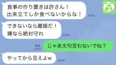 【LINE】食事は出来立てにしろと無茶を言う夫。夫「作り置きは許さないからな！」義母「できて当然wサボるなら離婚させる！」→言われた通り出来立ての料理しか出さなかった結果www【スッキリLINEなう】