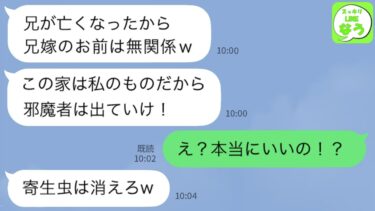 【LINE】夫の葬儀後も毎月30万支援して義実家を支える私に出戻り義妹「お前はもう赤の他人！同居とか図々しい！今すぐ出ていけ！」→言われた通りに義実家を出た結果がwww【スッキリLINEなう】