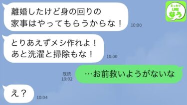 【LINE】離婚した後も私に嫁の役割を強要してくる元夫「手抜きメシつくるなよ！離婚しても身の回りの世話はしろ！」私「はあ？」→勘違い男に私が本気でブチギレた結果www【スッキリLINEなう】