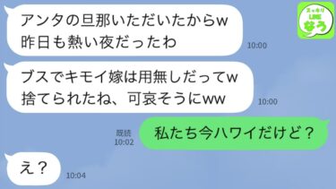【LINE】新婚旅行中に私を見下す同級生から略奪連絡「アンタの旦那と浮気旅行中なのw」→勝ち誇る勘違い女に衝撃の事実を教えた時の反応が…ww【スッキリLINEなう】