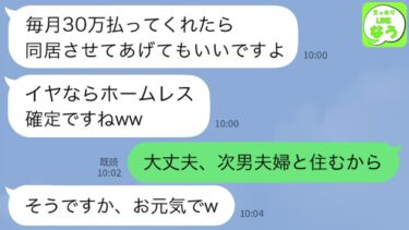 【LINE】夫が他界して独り身の私に長男嫁「月30万で面倒みてあげますよw」→即断って次男夫婦の家に引っ越した結果ｗｗ【スッキリLINEなう】