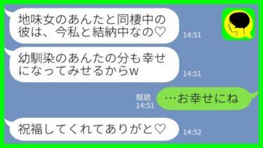 【LINE】幼馴染から突然の結婚報告「あんたと同棲中の彼氏と結納中なの♡」私「そうなんだ、お幸せにね」→結婚初日から人生最大の後悔がスタートした結果www【ミドリのネタ帳】