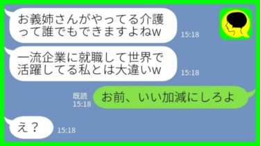 【LINE】介護施設で働く私を見下す一流企業勤めの義妹「誰でもできる仕事だよねw」夫「お前、いい加減にしろよ」→怒らせてはいけない人を怒らせた結果…www【ミドリのネタ帳】