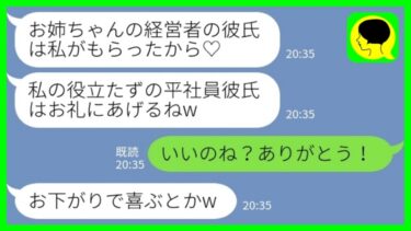 【LINE】姉の彼氏を奪うのが趣味の妹から再び略奪宣言「経営者の彼氏もらったよ♡平社員の元カレはお姉ちゃんにあげるねw」私「いいの？ありがとう！」 →大喜びで元カレの連絡先をゲットした結果www【ミドリのネタ帳】