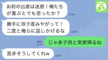 【LINE】双子出産した直後なぜか私をガン無視する夫と義両親「赤の他人は話しかけるな」私「じゃあ出ていきますね」→実家に帰りある事実を告げると義家族全員の人生が狂った結果…w【スッキリLINEなう】