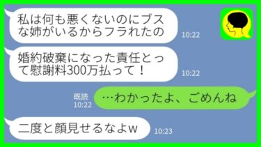 【LINE】婚約破棄になったことを私のせいにして逆恨みする妹「ブスな姉がいるからフラれた！慰謝料300万よこせ！」私「わかったよ、ごめんね」→温厚な姉が妹の前から姿を消した結果www【ミドリのネタ帳】