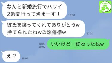 【LINE】エリート婚約者を幼馴染に取られ、新婚旅行の自慢連絡「2週間のハワイ旅行よ！残念だったねw」勝ち誇る彼女に婚約者の正体を教えると発狂することにw w【スッキリLINEなう】