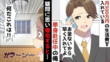 【LINE】月に300万生活費を入れている単身赴任中の俺に妻から連絡「お金ないから早く入れてよ。。。」⇒疑問を感じ急遽家に帰るとおかしな光景が…【スカッと】【スカッと生活】