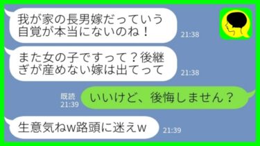 【LINE】3人目の子供を妊娠中に姑から突然のブチ切れ連絡「また女の子ですって？跡継ぎが産めない嫁は出ていけ！」私「いいけど、後悔しません？」→実はお腹の中の子は…www【ミドリのネタ帳】