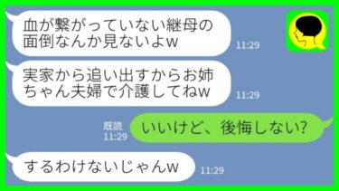 【LINE】母が要介護になった途端に実家から追い出した妹「血が繋がってないオバサンはお姉ちゃん夫婦で面倒見てw私はお金も出さないから」私「いいけど、後悔しない？」妹→実家を乗っ取った妹の末路がwww【ミドリのネタ帳】