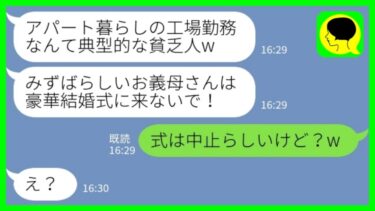 【LINE】夫が他界してから20年間女手一つで必死に育てた息子の嫁「みすぼらしい母親は結婚式に来るなw」私「式は中止らしいけど？w」→貧乏人嫌いの嫁の末路…www【ミドリのネタ帳】