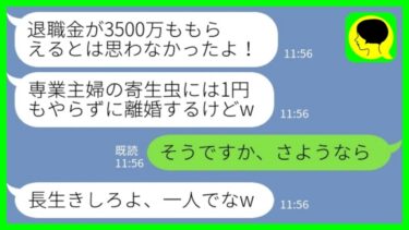 【LINE】退職金が3000万出ると知った途端に35年連れ添った夫が突然の離婚宣言「お前には1円もやらんw」私「そうですか、さようなら」→その後、地獄の退職祝いで元夫の人生が終了した結果www【ミドリのネタ帳】