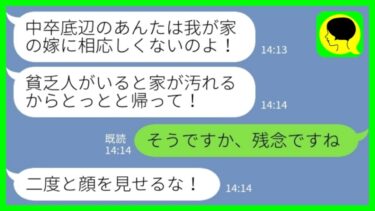 【LINE】資産家の御曹司と婚約すると結婚挨拶で母親にお茶をぶっかけられた「中卒底辺は我が家に相応しくない！帰れ！」私「そうですか、残念です」→言われた通り入籍しても義実家に行かなかった結果www【ミドリのネタ帳】