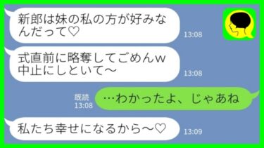 【LINE】結婚式の開始3分前に新郎を奪って失踪した妹「私の顔の方が好みだったんだってw今日の式は中止でw」私「わかったよ、じゃあね」→その後、妹から震えた連絡が来た理由がwww【ミドリのネタ帳】