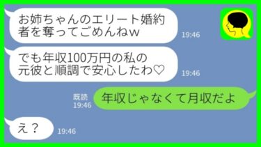 【LINE】フリーターの彼氏を押し付けて私のエリート婚約者を奪った妹からマウント連絡「年収100万円の彼とうまくやってる？w」私「年収じゃなくて月収だよ」→捨てた男の大逆転に妹が絶句した結果www【ミドリのネタ帳】