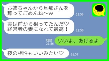 【LINE】夫が会社を辞めて独立した途端に略奪した妹「前から狙ってたんだよね♡経営者の妻とか最高！」私「いいよ、あげるよ」→キラキラ社長夫人生活を夢見た妹の末路が……www【ミドリのネタ帳】