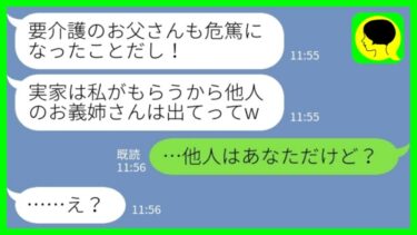 【LINE】要介護の義父が危篤になると音信不通だった義妹が突然の帰省「実家は私がもらうので他人は出てってくださいw」私「他人はあなただけど？w」→自分勝手な義妹が何もかも失った結果www【ミドリのネタ帳】