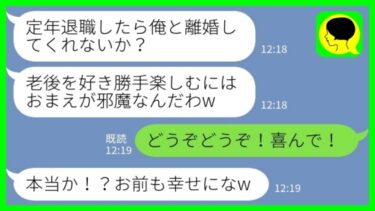 【LINE】長年連れ添った夫「退職したら離婚してくれないか？老後は好きにしたい」私「どうぞどうぞ！喜んで！」→幸せな老後を夢見た夫が泣きついてきた理由がwww【ミドリのネタ帳】