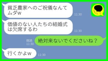 【LINE】農家に嫁いだ私を貧乏人と見下し結婚式当日にドタキャンする大企業勤めの兄夫婦「ご祝儀のムダw」→結婚式終了後、兄嫁の元にある人物から電話がwww【総集編】【ミドリのネタ帳】